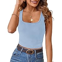 ZESICA Women's Summer Causal Ribbed Crop Tank Tops Sleeveless Square Neck Slim Fitted Basic Cami Tee Shirts