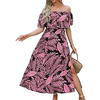 CUPSHE Women's Dresses for Summer A Line Dresses Off Shoulder Ruffle Maxi Tropical Printed Dress