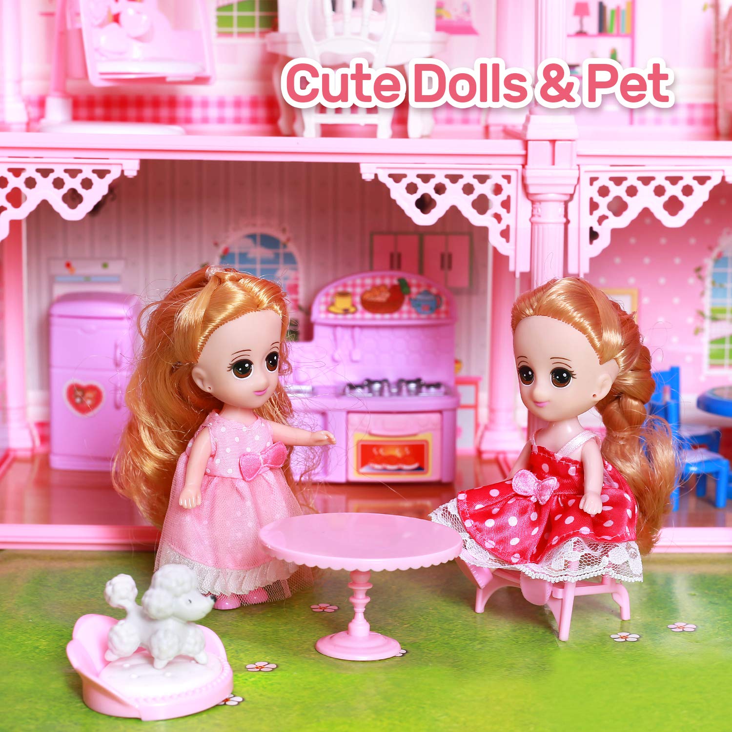 CUTE STONE Dollhouse, Doll House with Flashing Lights, Pretend Play Toddler Dollhouse Sets with 2 Dolls, Furniture, 8 Rooms and Doll Accessories, Creative Gift for Girls, L32 xH23