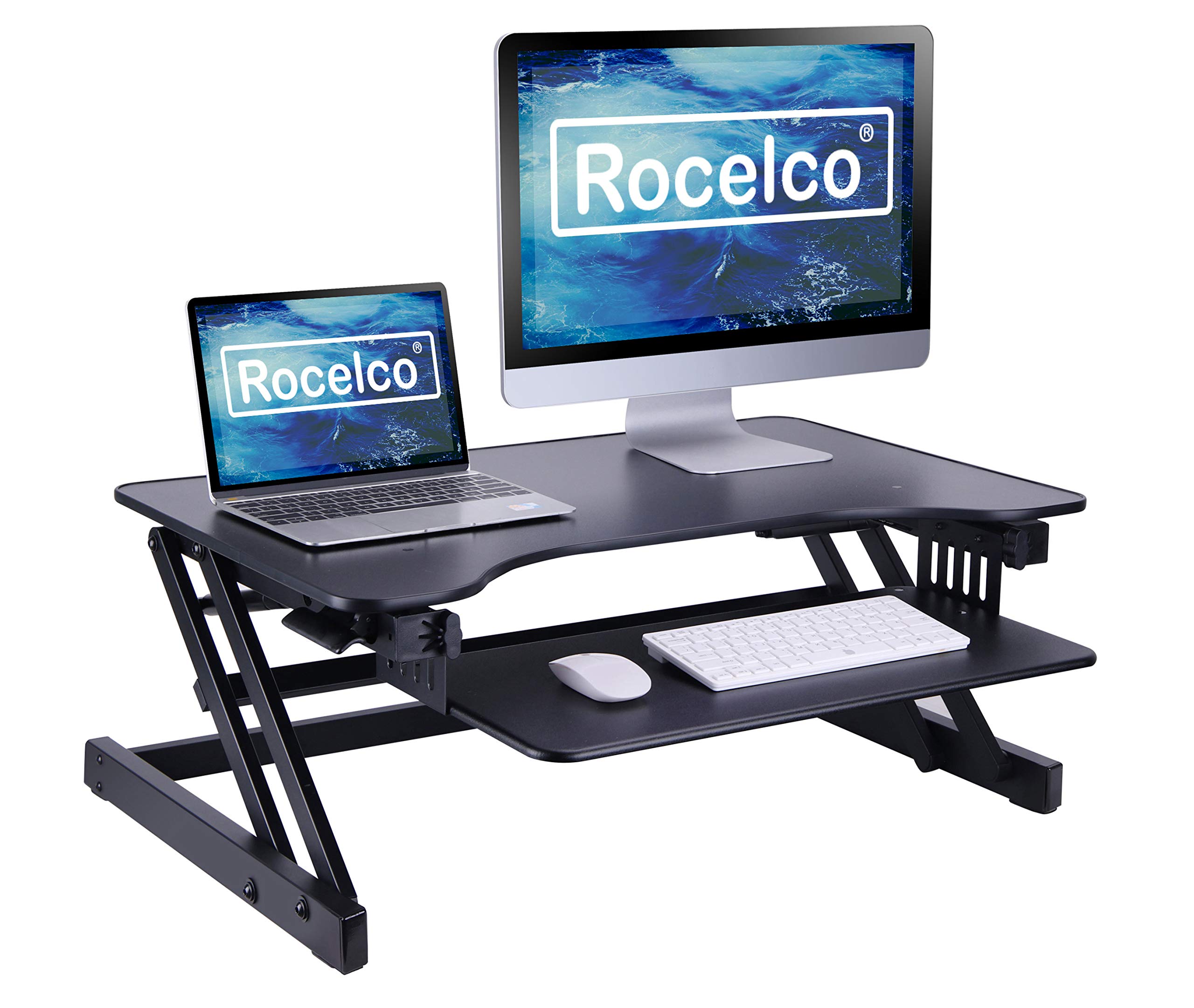 Rocelco 32" Height Adjustable Standing Desk Converter - Quick Sit Stand Up Dual Monitor Riser - Gas Spring Assist Tabletop Computer Workstation...