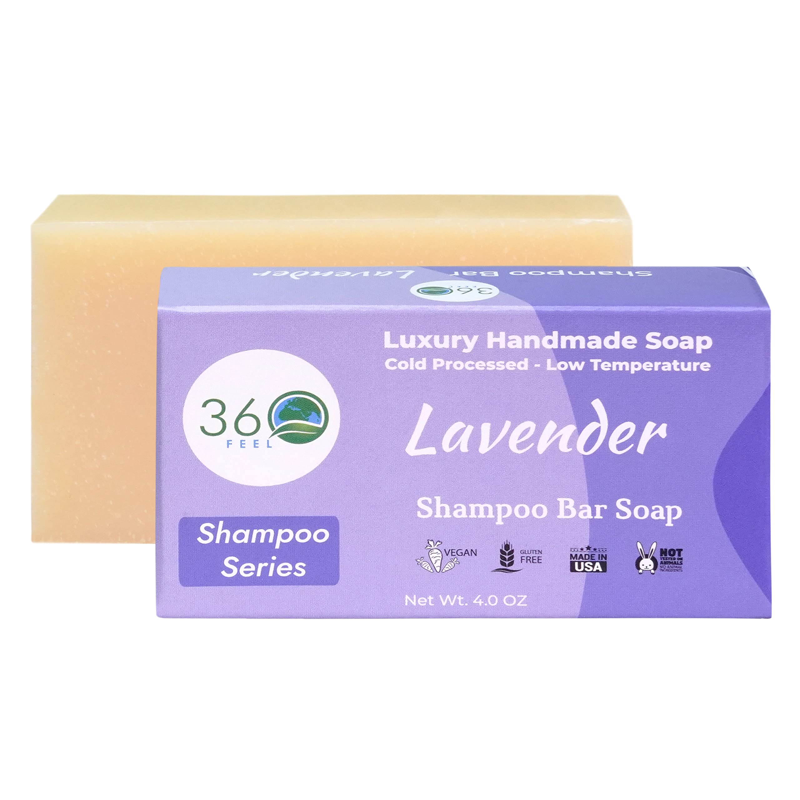 360Feel Lavender Shampoo Bar Soap - Vegan & Handmade - Infused with Hair Growth Oils - Prevents Hair Loss & Dandruff - TSA Approved for Travel - Gentle & Mild for All Hair Types