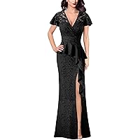 VFSHOW Womens Ruched Wrap V Neck Ruffle Formal Prom Peplum High Slit Maxi Dress 2023 Wedding Guest Cocktail Evening Long Gown