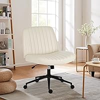 Sweetcrispy Criss Cross Chair Legged, Armless Office Desk Chair with Wheels, Swivel Vanity Chair, Height Adjustable Wide Seat Computer Task Chair, Fabric Vanity Modern Home Chair White PU