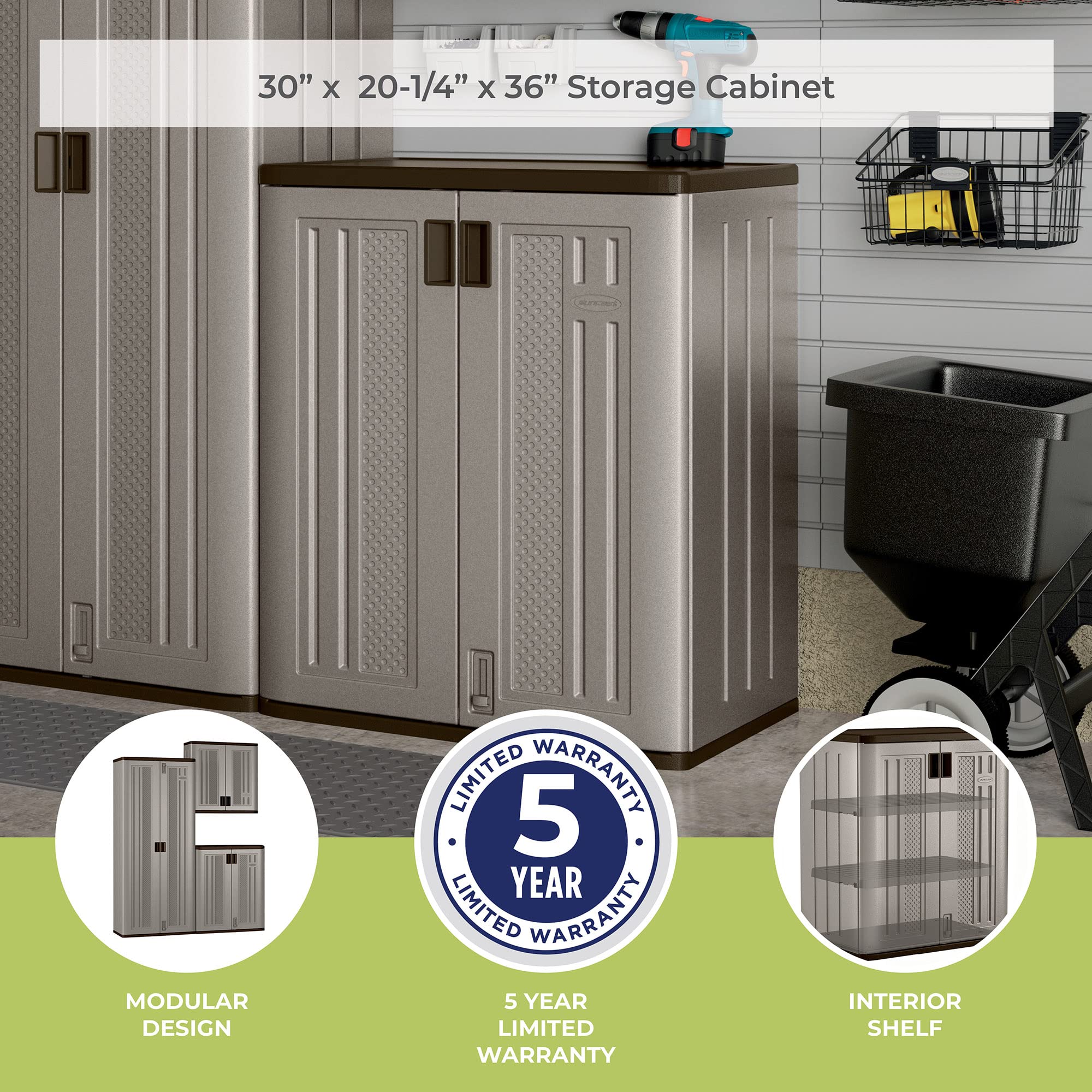 Suncast Base Resin Construction Storage-36 Garage Organizer with Shelving Holds up to 75 lbs. -Platinum Doors & Slate Top Storage Cabinet, Silver