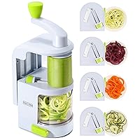 Spiralizer Vegetable Slicer (4-in-1 Rotating Blades) Heavy Duty Veggie Spiralizer with Strong Suction Cup, Zucchini Spiral Noodle/Zoodle/Spaghetti/Pasta Maker (Recipe Book and Cleaning Brush)