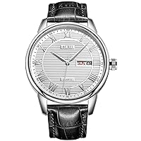 BUREI Men's Watch, Leather, Popular Brand, Analog, Simple, Waterproof, Stylish, Commute, Business, Men's Watch, silver-white