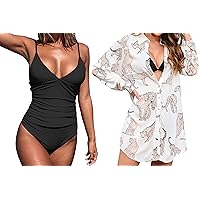CUPSHE Women One Piece Swimsuit with Shirt Beach Cover Up Dress, L