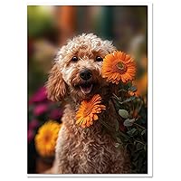 Goldendoodle with Orange Flowers All Occasions Greeting Card from Unique Dogs Party Delights Collection Large 5x7 Inch Blank Inside with Envelope