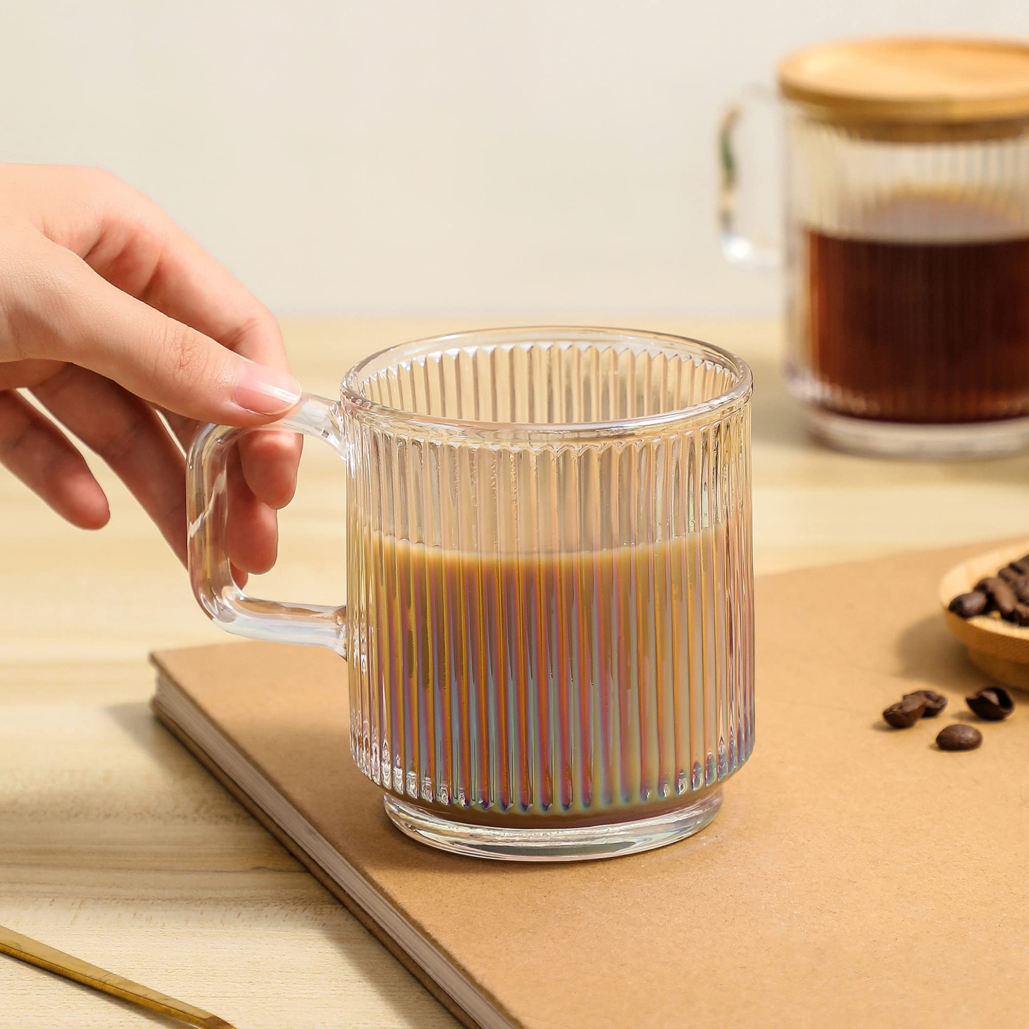 Lysenn Iridescent Glass Coffee Mug with Lid - Premium Classical Vertical Stripes Glass Tea Cup - for |Latte|Tea|Chocolate|Juice|Water| - Unleaded - Bamboo Lid - 12.5 Ounces