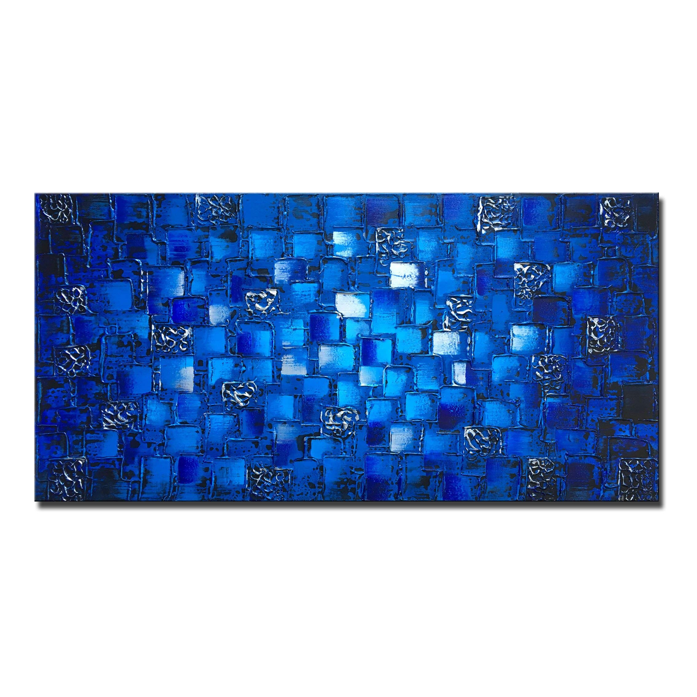 MyArton Thick Textured Abstract Squares Canvas Wall Art Hand Painted Artwork Modern Dark Blue add Silver Oil Painting for Home Decor Framed Ready to Hang 48x24inch