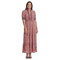 London Times Women's Stand Collar Tiered Dress with Smocking and Ruffle Details