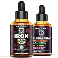 Liquid Iron Supplement for Women & Men with Vitamin B12 & Elderberry Syrup with Mangosteen | Acai Berry | Goji Berry | Noni Fruit | Liquid Black Sambucus