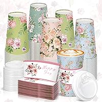 160 Set 16oz Floral Disposable Coffee Cups with 160 Lid and 160 Coffee Cup Sleeve Insulated Paper Coffee Cups with Lids Hot Cups Floral Paper Cups for Party Wedding Baby Shower (Rustic Flower)