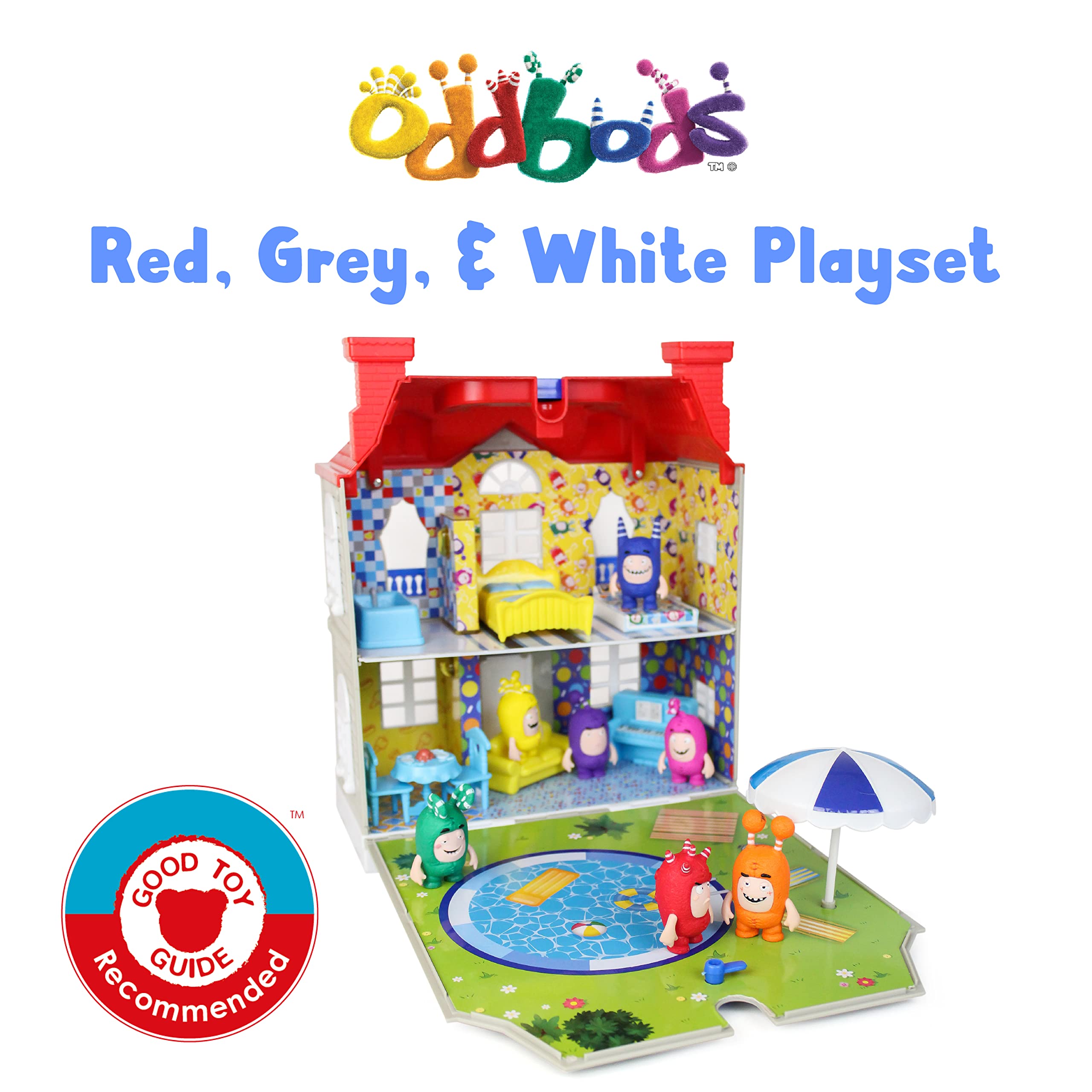 ODDBODS Red, White, and Grey House Playset for Kids - Features Indoor and Outdoor Spaces with Furniture and 7 Detailed Figurines, Ages 3+