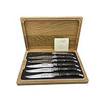 Laguiole en Aubrac Luxury Fully Forged Full Tang Stainless Steel Steak Knives 6-Piece Set with Stabilized Blackened Poplar Burl Handle, Stainless Steel Polished Bolsters