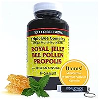 Worldwide Nutrition Y.S. Eco Bee Farms Triple Bee Complex Royal Jelly Bee Pollen Propolis with Korean Ginseng - Health and Wellness Organic Bee Pollen Supplement - 90 Ct w/Multi Purpose Key Chain