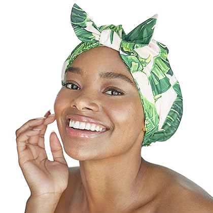 Kitsch Luxury Shower Cap for Women - Reusable Shower Cap for Long Hair with Non Slip Silicon Grip | Waterproof Hair Cap for Shower with One Size Fits Most | Hair Cover for Shower (Palm Leaves)