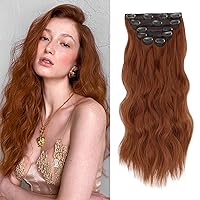 WECAN Clip in Hair Extension 20 Inch Auburn Long Wavy Curly 6PCS Hairpieces for Women Natural Thick Synthetic Fiber Double Weft Hair Full Head