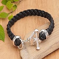 NOVICA Handmade Men's Leather Braided Bracelet Crafted .925 Sterling Silver No Stone Indonesia [8.5 in L x 0.9 in W] 'Groove'