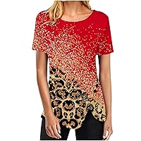 Leopard Print Color Block Tunic Tops for Women Crewneck Short Sleeve T Shirts Casual Summer Button Side Split Blouses