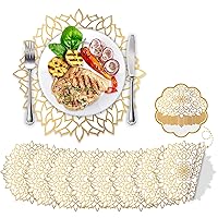 60PCS Disposable Gold Metallic Round Paper PlaceMats Round Floral Charger Table Mat Table Setting Mat Pressed Paper Round Place Mats for Christmas Wedding Birthday Party Dining Table Decor Supplies