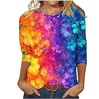 3/4 Sleeve Blouses T Shirts for Women Summer Casual Landscape Graphic Tees Oil Painting Tops Round Neck Pullovers
