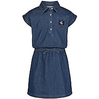 Calvin Klein Girls' Short Sleeve Denim Shirt Dress, Medium Chambray/Popover
