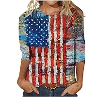 2023 Womens 3/4 Sleeve Festive Tops Star Stripes Round Neck Fashion T-Shirts Summer Casual Loose Comfy USA Flag Shirts