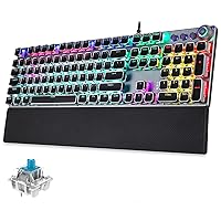 Typewriter Style Mechanical Keyboard, 26 LED Rainbow Backlit,Metal Panel Keyboard,Blue Switch with Removable Wrist Rest,Square Keycaps Multimedia Control for Game and Office, Good for PC/MAC