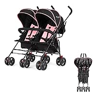 Volgo Twin Umbrella Stroller in Pink, Lightweight Double Stroller for Infant & Toddler, Compact Easy Fold, Large Storage Basket, Large and Adjustable Canopy