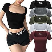 5pcs Women's Square Neck Short Sleeve T Shirts Slim Fit Tops Basic Shirts Bodycon Crop Tunics Going Out Tops