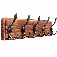 Coat Rack Wall Mounted - 5 Tri Hooks, Heavy Duty, Wooden Wall Coat Hanger Coat Hook for Clothes Hat Jacket Clothing, Natural & Black