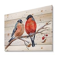 Two Bullfinches On A Hawthorn Branch with Snowfall - Traditional Print on Natural Pine Wood