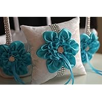 | Big Flower Collection | Turquoise White Ring Bearer Pillow & Two Wedding Flower Girl Baskets