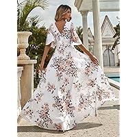 Women's Dress Allover Floral Backless -line Dress MCTEST (Color : White, Size : Small)