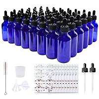 48 Pack 2oz Cobalt Blue Glass Bottles with Glass Eye Droppers for Essential Oils, Perfumes & Lab Chemicals (Brush, Funnels, 2 Extra Droppers, 54 Pieces Labels & 30ml Measuring Cup Included)