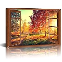 LevvArts Canvas Prints Wall Art,View from Vintage Window of Autumn Scene,Fall Forest Trees in Sun Light Painting Modern Wall Decor,Framed Ready to Hang,-24 x 36