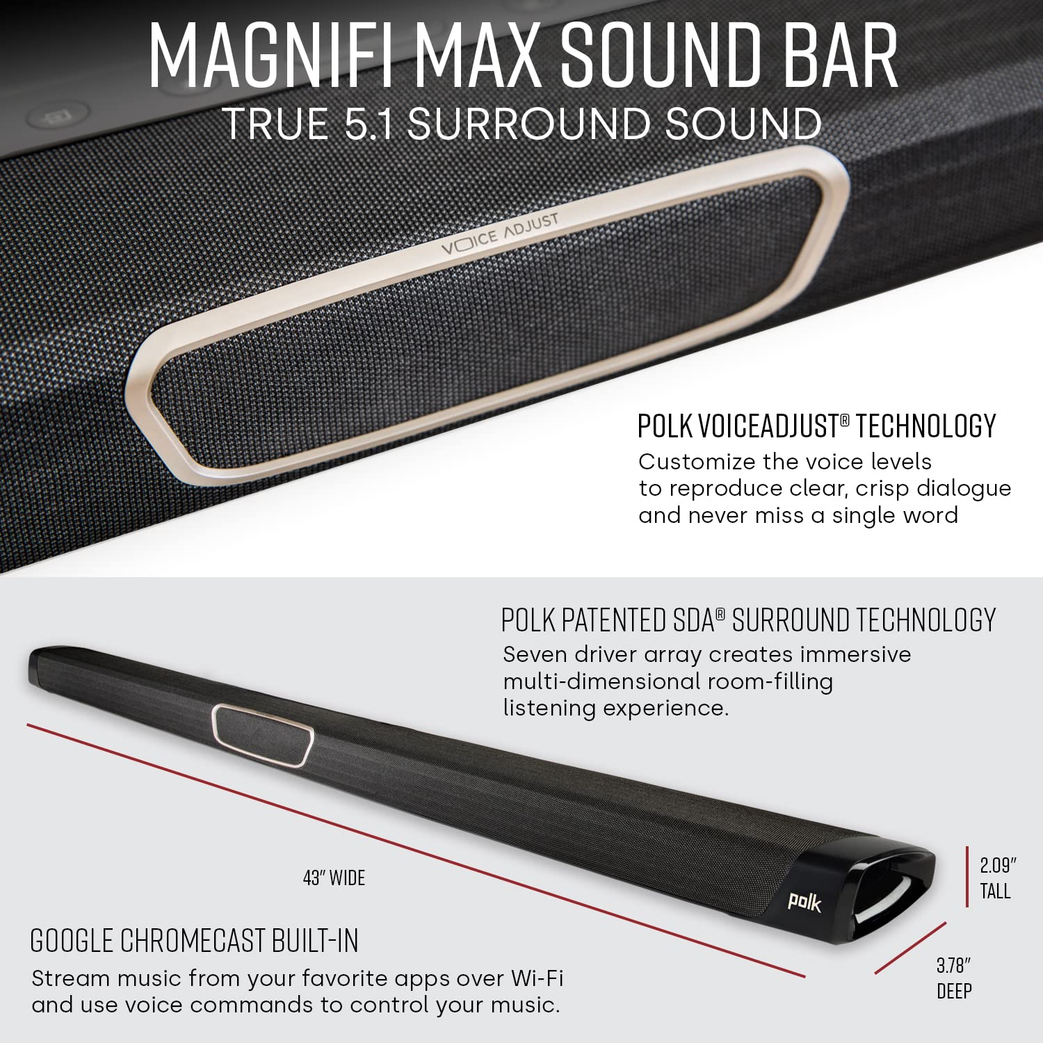 Polk Audio MagniFi Max Home Theater Sound Bar with 5.1 Dolby Digital Experience | Works with 4K & HD TVs | HDMI & Optical Cables, Wireless Subwoofer Included, Black