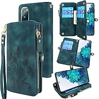 [Cards Theft Scan Protection 10 Card Slots Holder Zipper Pocket Wallet Case Flip Leather Cover with Wrist Strap Magnetic Closure Stand for Samsung Galaxy S20 FE 5G(Floral Cyan)