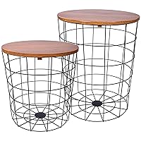 Wire Basket Base with Wood Tops Side Table Set of 2, Brown
