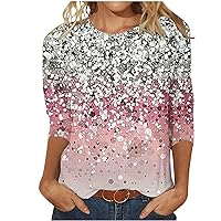 3/4 Sleeve T Shirt Women Tie Dye Blouse Tee Rhinestone Print Tunic Tops Round Neck Glitter Printed Pullover Blouses Top