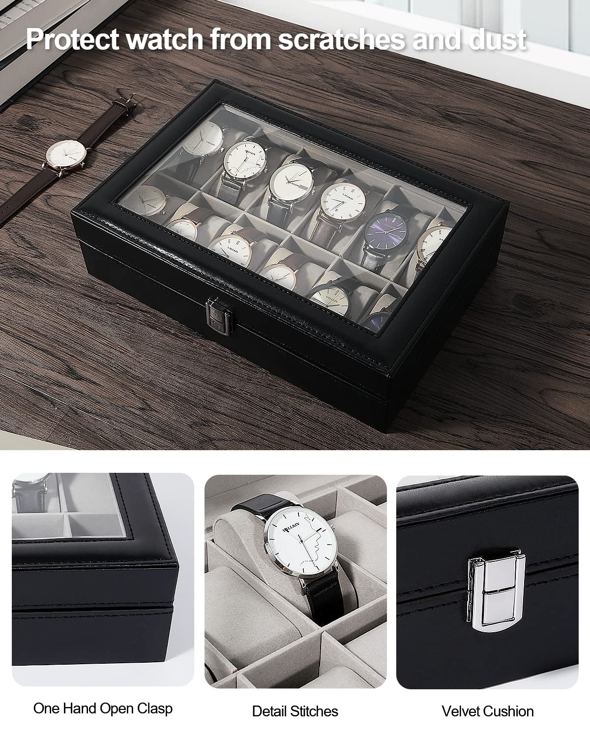 Uten Watch Box, 12 Slots Leather Watch Case, Watch Box Organizer Jewelry Storage with Large Glass Lid, Watch Display Case, Watch Box for Men & Women Gift