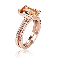 Women's 2 pcs Set Rose Gold Plated Emerald Cut Rectangle Simulated Yellow Citrine Solitaire Accent Engagement Wedding Rings (Size 6 7 8 9 10) Y422