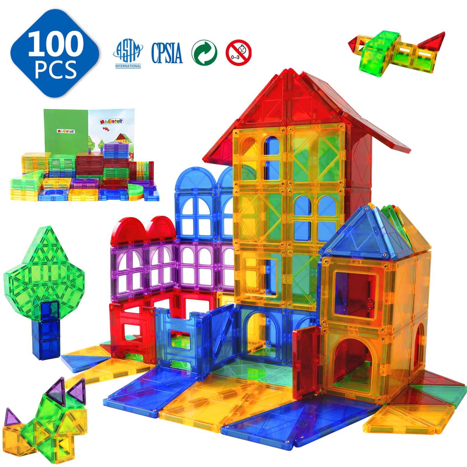 MAGBLOCK Magnet Toys Kids Magnetic Building Tiles 100 Pcs 3D Magnetic Blocks Preschool Building Sets Educational Toys for Toddlers Boys and Girls.