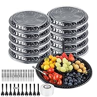 10 Pieces Appetizer Serving Trays with Lids 10.4 Inches Disposable Veggie Fruit Tray 6 Divided Compartment Container Round Food Container Platter with Forks for Party Buffet（ Black ）