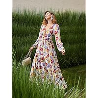 Dresses for Women - Allover Floral Print Plunging Neck Ruched Waist Dress (Color : Multicolor, Size : Medium)