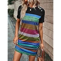 Fall Dresses for Women 2023 Color Block Striped Print Tee Dress Dresses for Women (Color : Multicolor, Size : Medium)