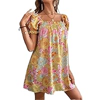 Dresses for Women Floral Print Puff Sleeve Square Neck Dress (Color : Multicolor, Size : X-Small)
