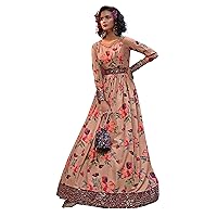 Women's Natural Crepe with Print and Embroidery Work Long Anarkali Gown with