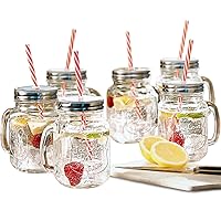Estilo Glass Mason Jars with Handles, Lid and Straw 16 oz | Drinking Glasses Cups Mug Set for Iced Coffee, Tea & Smoothie - Set of 6